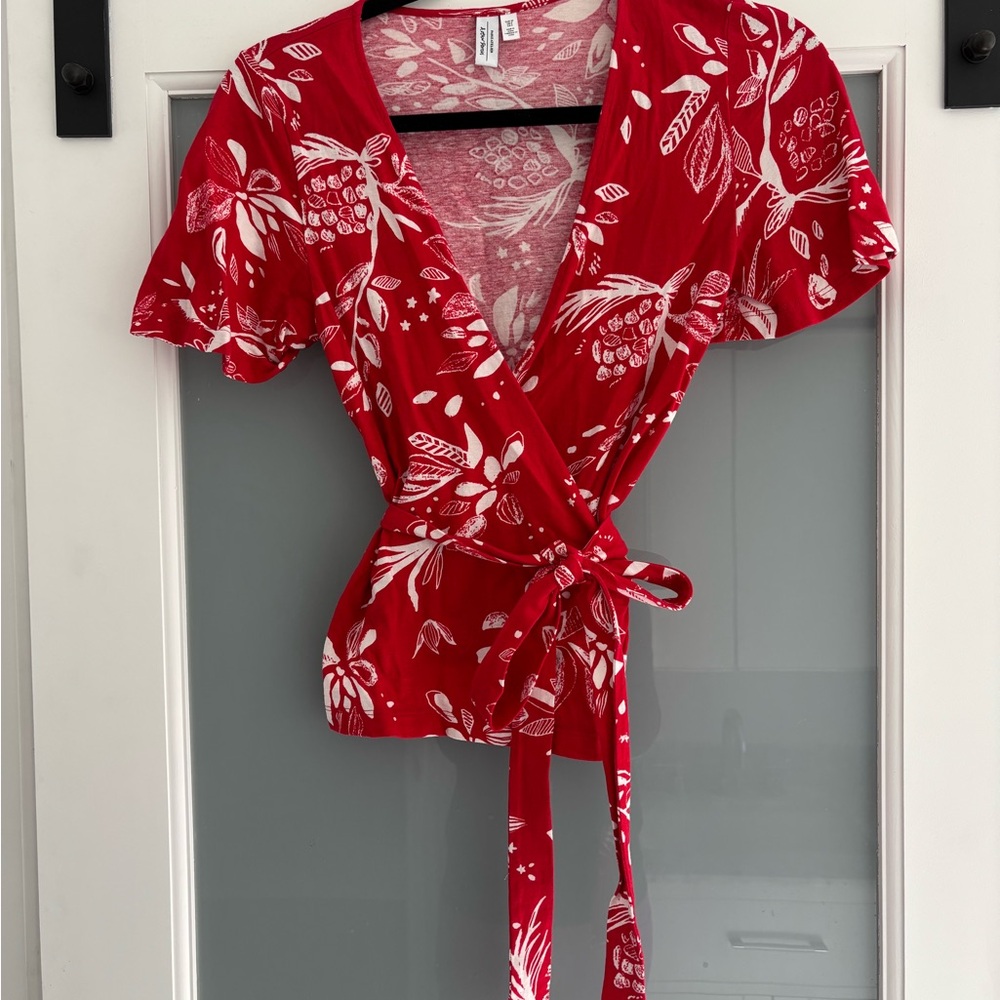 & Other Stories Red and White Wrap Blouse